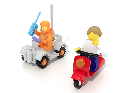 LEGO Characters With Gray Vehicle And Red Scooter 3d model