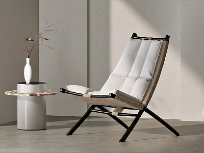 Modern Leisure Chair with White Cushion Black Frame and Side Table with Marble Top Vase 3d model