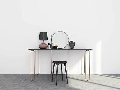 Modern Dressing Table With Black Countertop Gold Legs Round Mirror Black Stool And Cosmetics 3d model
