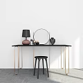 Modern Dressing Table With Black Countertop Gold Legs Round Mirror Black Stool And Cosmetics