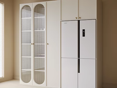 White Cabinets And Refrigerator In Room With Louvered Blinds And Window 3d model