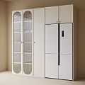 White Cabinets And Refrigerator In Room With Louvered Blinds And Window
