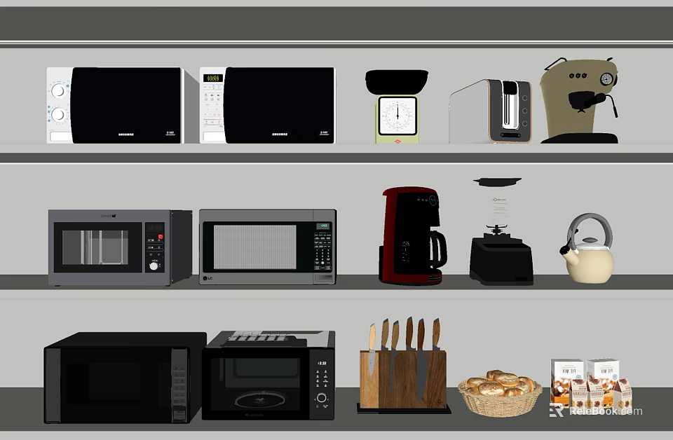 Essential Kitchen Appliances Featuring Microwaves Coffee Maker Kettle Scale Knives And Bread Basket 3d model 