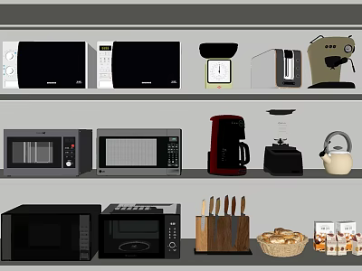 Essential Kitchen Appliances Featuring Microwaves Coffee Maker Kettle Scale Knives And Bread Basket 3d model