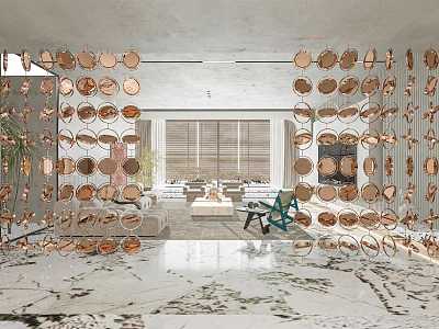 Hotel Public Lounge Area With Copper Circular Decorations Sofas Marble Floor And Green Chair 3d model