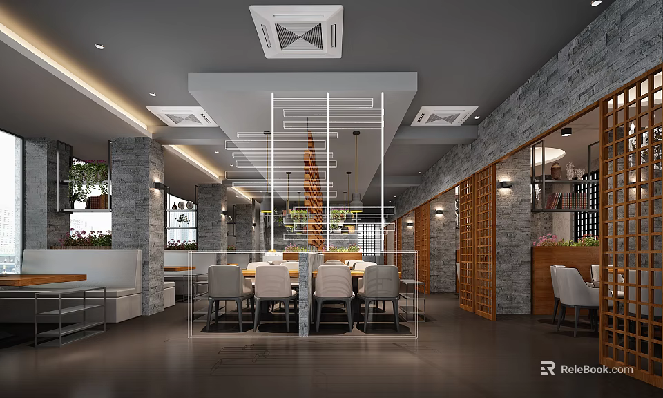 Modern Hotpot Restaurant Interior With Dining Tables Pendant Lights And Stone Walls 3d model 