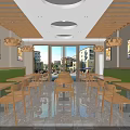 Cozy Restaurant Interior With Wooden Chandeliers Green Banquettes Wooden Tables Chairs And Wall Artworks