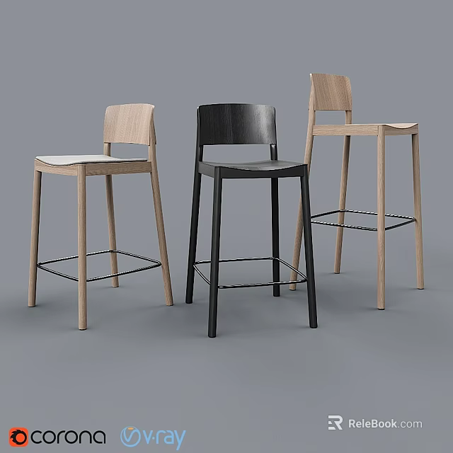 Modern Bar Stools in Light Wood and Black with Minimalist Stylish Design for Kitchen 3d model 