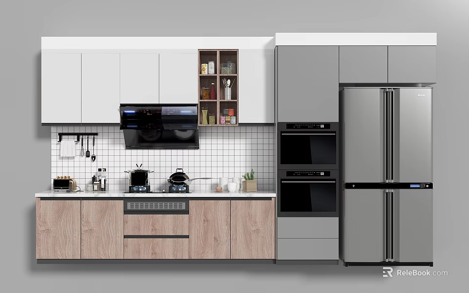Elegant Modern Kitchen Interior With Wooden Countertop Cabinets And Stainless Steel Appliances 3d model 