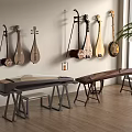 Traditional Chinese Musical Instruments Wall Hanging Display With Wooden Table And Bench