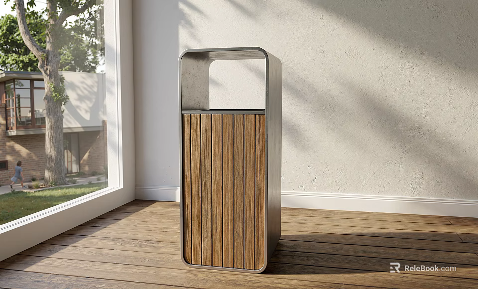 Modern Public Trash Bin With Metal Frame And Wooden Panel Design 3d model 