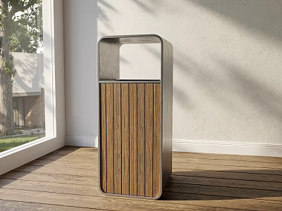 Modern Public Trash Bin With Metal Frame And Wooden Panel Design 3d model