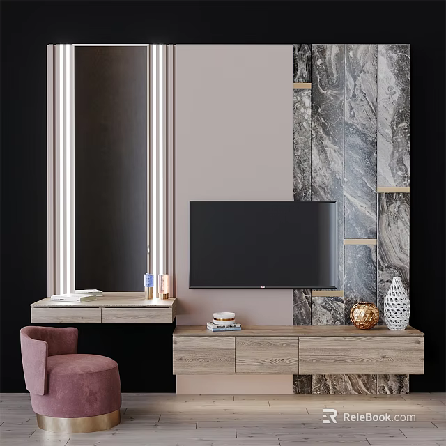 Modern Living Room TV Cabinet With Light Wood Finish Marble Wall And Decorative Ornaments 3d model 