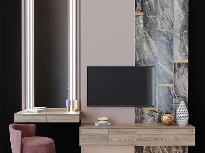 Modern Living Room TV Cabinet With Light Wood Finish Marble Wall And Decorative Ornaments 3d model