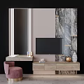 Modern Living Room TV Cabinet With Light Wood Finish Marble Wall And Decorative Ornaments