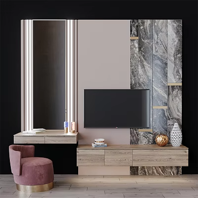 Modern Living Room TV Cabinet With Light Wood Finish Marble Wall And Decorative Ornaments 3d model