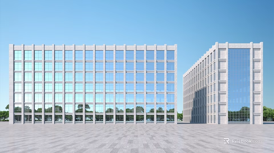 Modern Multi Story Office Building Exterior With Glass Facade Spacious Plaza And Greenery 3d model 