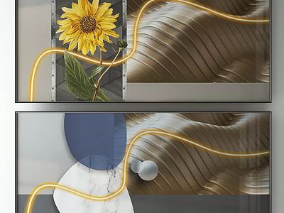 Sunflower And Geometric Shapes Wall Art With Golden Lines And Marble Accents 3d model