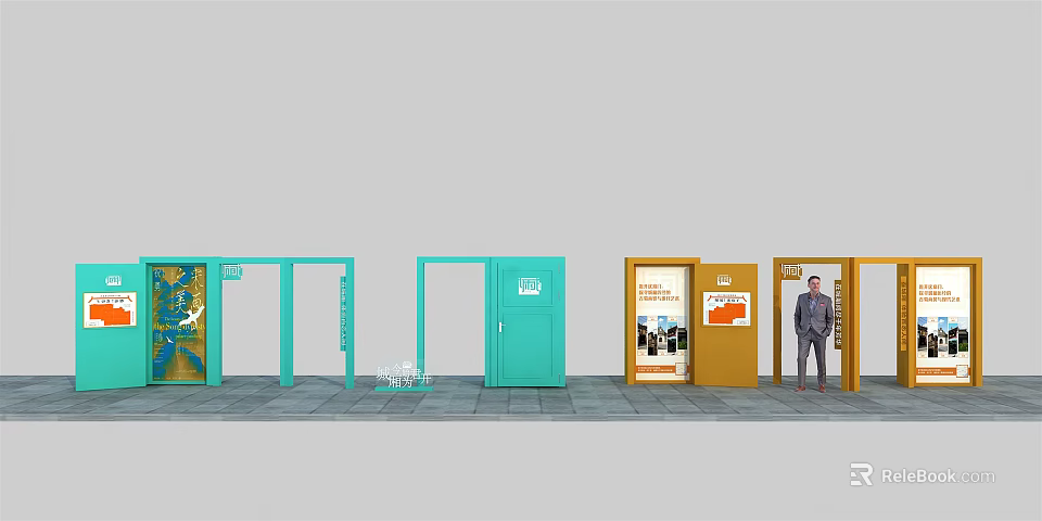 Trendy Photo Check in Spot With Colorful Doors Decorative Posters And Human Figure Standee 3d model 