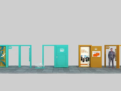 Trendy Photo Check in Spot With Colorful Doors Decorative Posters And Human Figure Standee 3d model