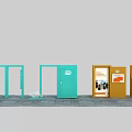 Trendy Photo Check in Spot With Colorful Doors Decorative Posters And Human Figure Standee