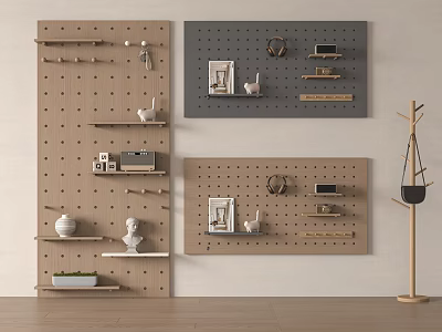 Stylish Pegboard Wall Decor With Light Wood Dark Gray Panels Shelves Photo Frames Decor Items 3d model