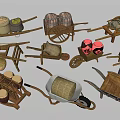 Rural Countryside Scene With Vintage Wooden Carts Barrels Hay Bales And Farm Tools
