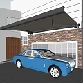 Blue Luxury Car Parked In Front Of Stone Wall Building With Windows And Wooden Door