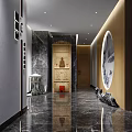 Elegant Modern Restaurant Interior With Marble Floor Wooden Bookshelves Decorative Display Dining Tables And Chairs