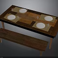 Rustic Wooden Dining Table and Bench with White Plates Cutlery Glassware and Placemats