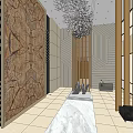 Elegant Modern Reception Area Design With Marble Wall Chandelier And Sofa Seating Decor