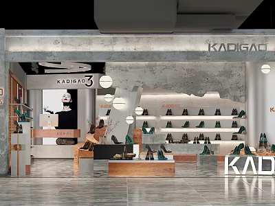KADIGAO Shoe Specialty Store Interior With Display Shelves Pendant Lights And Wooden Tables 3d model