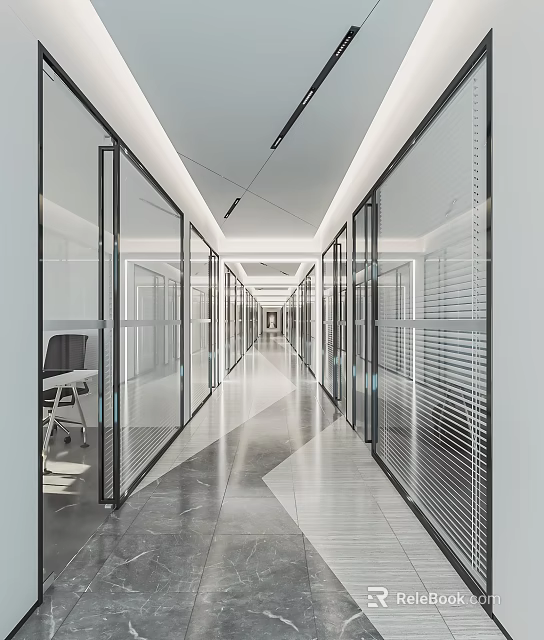 Modern Office Corridor Interior Design With Glass Partitions And Bright Lighting 3d model 