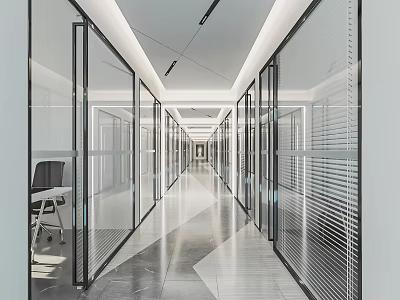 Modern Office Corridor Interior Design With Glass Partitions And Bright Lighting 3d model