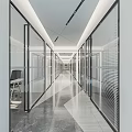 Modern Office Corridor Interior Design With Glass Partitions And Bright Lighting