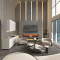Modern Living Room Interior With Large Windows Blinds Gray Sofa Round Armchairs And Coffee Table