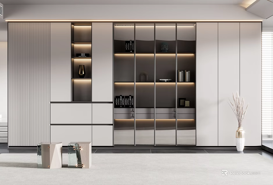 Modern Luxury Bookcase With Glass Doors LED Lighting And Minimalist White Design 3d model 
