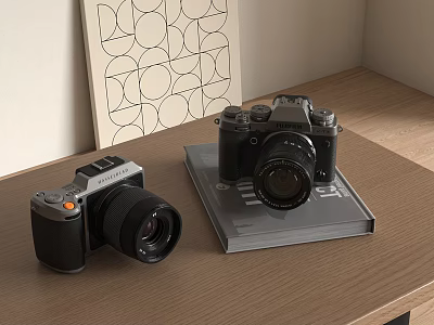 Two Digital Cameras Displayed On Wooden Table With Magazine And Wall Art 3d model