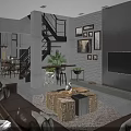 Modern Living And Dining Area With Leather Sofa Wooden Coffee Table Staircase And Framed Art