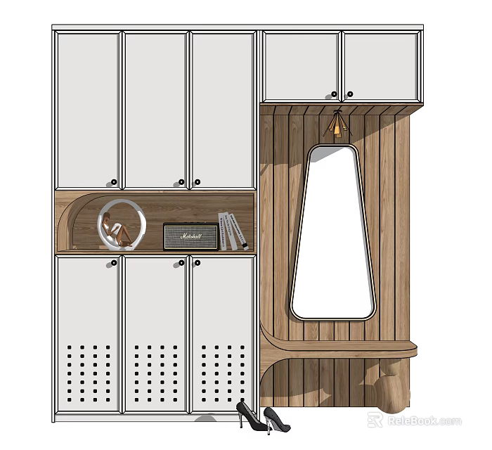 Modern Entryway Cabinet With Side Cabinet Wooden Frame White Doors And Mirror Storage Design 3d model 