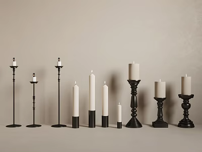 Decorative Ornament Set With Black Metal Candle Holders And White Candles Of Various Heights 3d model