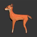 Cute Cartoon Fawn Character with Orange White Spots Standing on Dark Background with Reflection