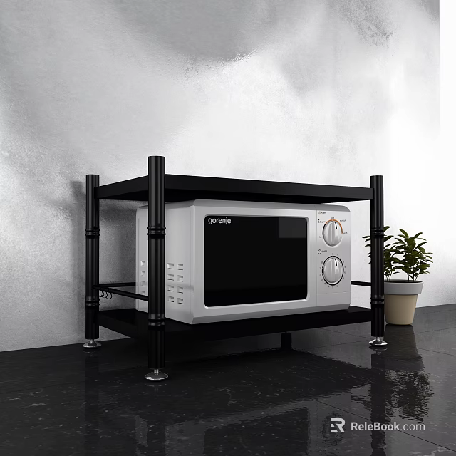 Black Metal Multi Tier Storage Shelf For Kitchen Storage With White Microwave And Green Plant 3d model 