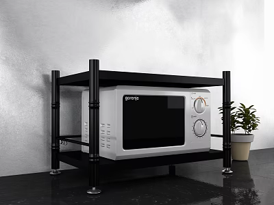 Black Metal Multi Tier Storage Shelf For Kitchen Storage With White Microwave And Green Plant 3d model