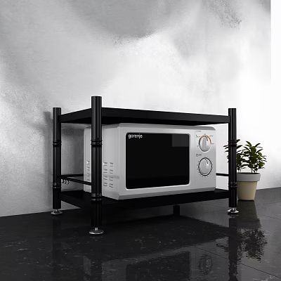 Black Metal Multi Tier Storage Shelf For Kitchen Storage With White Microwave And Green Plant 3d model