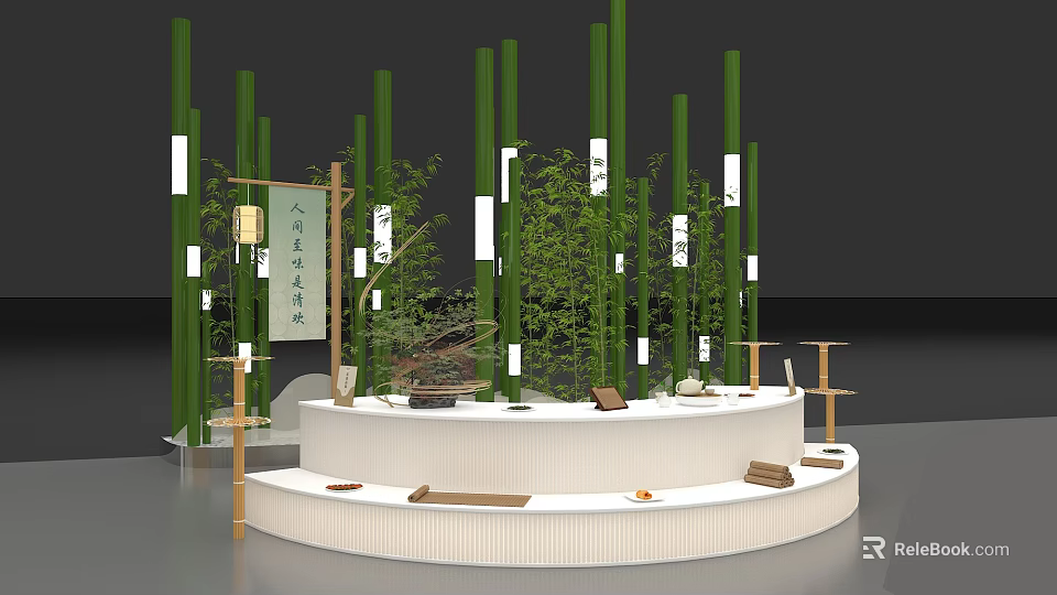 Oriental Art Installation With Bamboo Poles White Platform Lanterns And Green Plants 3d model 