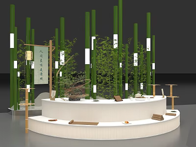 Oriental Art Installation With Bamboo Poles White Platform Lanterns And Green Plants 3d model