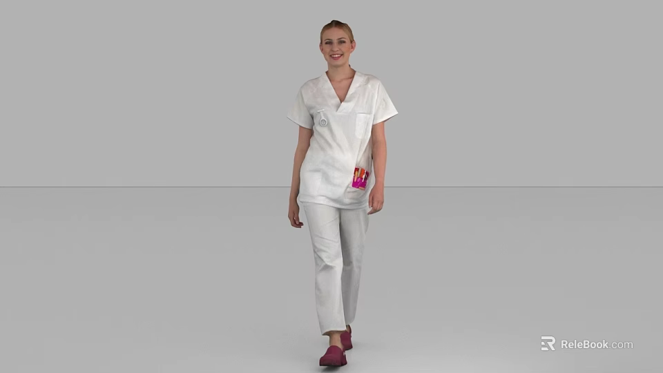 Woman Wearing White Uniform With Top Pants Red Shoes Pink Pocket Item On Gray Background 3d model 