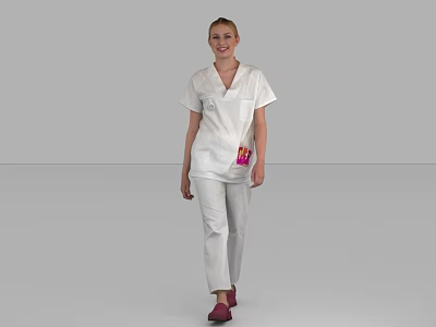 Woman Wearing White Uniform With Top Pants Red Shoes Pink Pocket Item On Gray Background 3d model