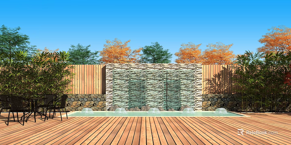 Outdoor Water Wall With Wooden Deck Pool Stone Accents And Trees With Green Orange Foliage 3d model 